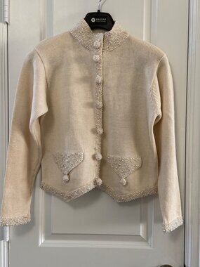 Lisa Nichols Beaded Cream Cardigan Sweater With Pearl Accents Medium